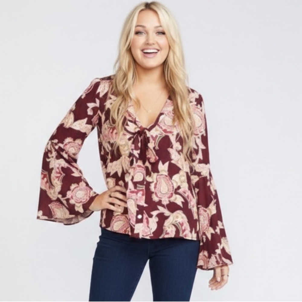 Show Me Your Mumu Brynn Paisley Boho Blouse Tie Neck Burgundy XS NWT - Picture 4 of 16